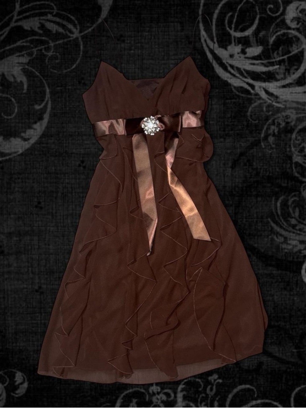 Scarlett Nite Brown Strapless Ruffled Cocktail Dress with Sash
